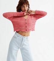 New Look Bright Pink Crochet Long Sleeve Button Cardigan